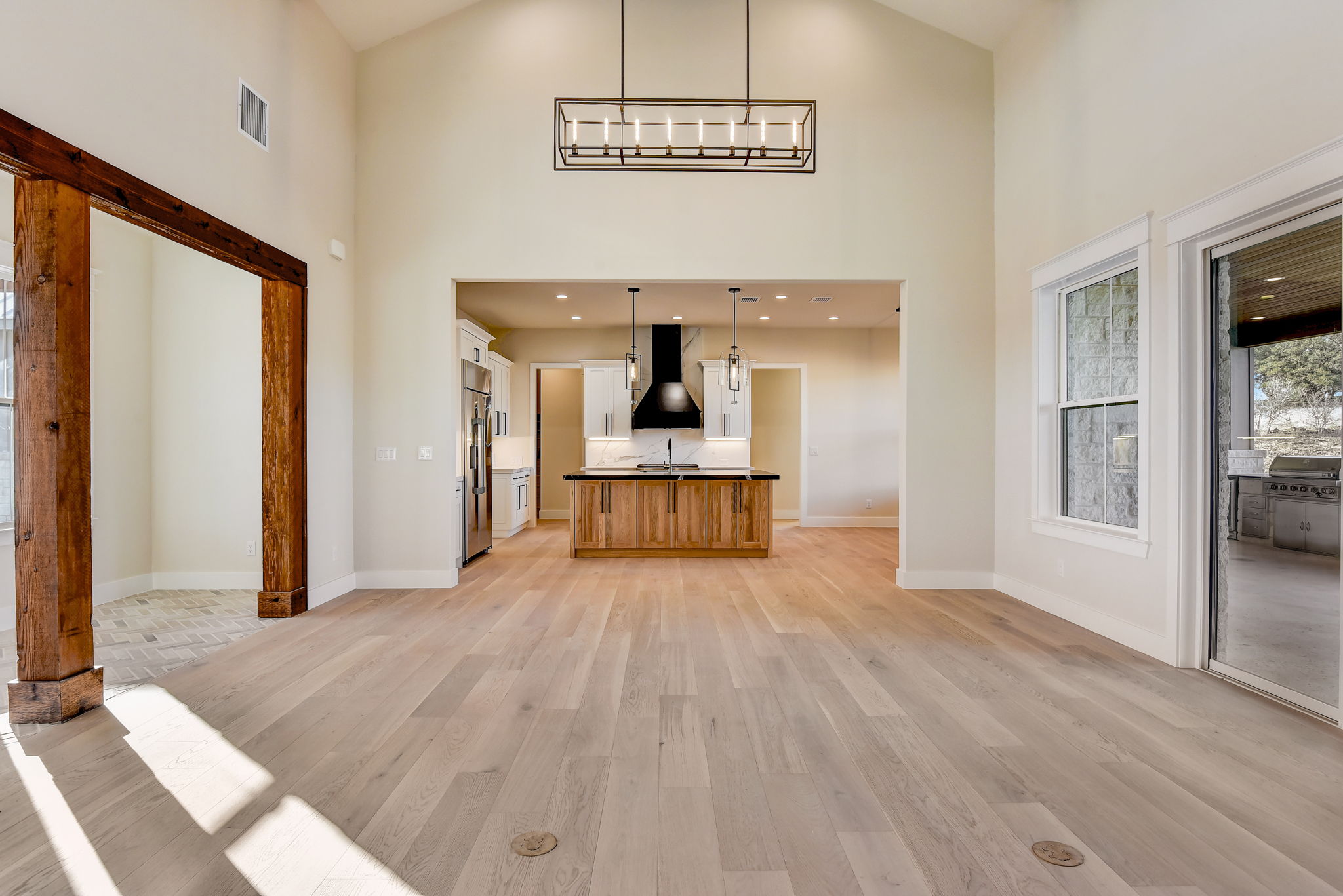 Great room with pendant lighting